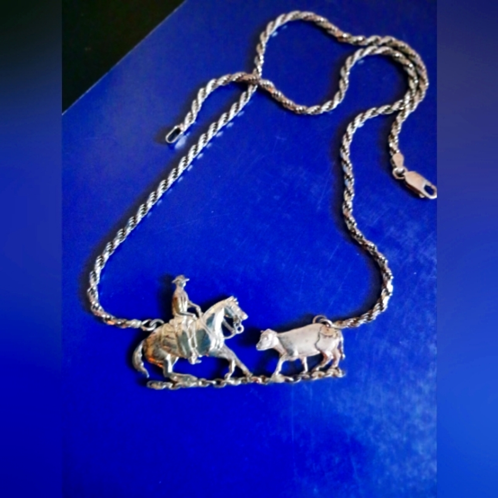 Vintage Sterling Cowboy with Horse and Cow Necklace